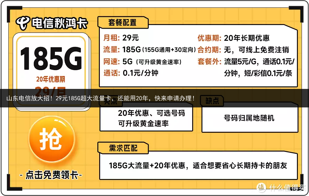 山东电信放大招！29元185G超大流量卡，还能用20年，快来申请办理！