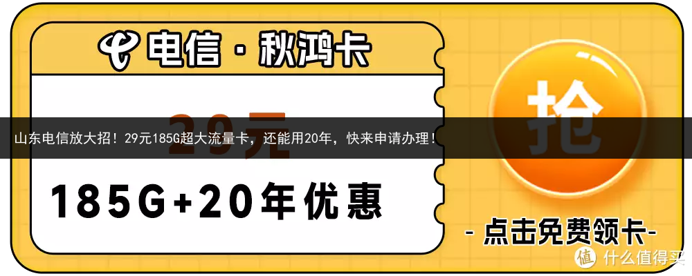 山东电信放大招！29元185G超大流量卡，还能用20年，快来申请办理！