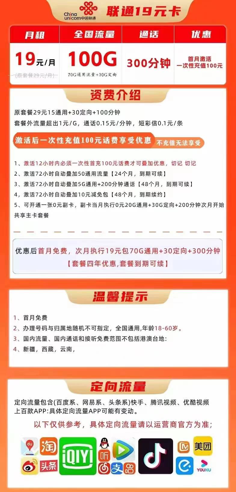 【独家渠道】联通长期19元卡，带一张免费副卡，包100G全国流量+300分钟通话，首月免月租